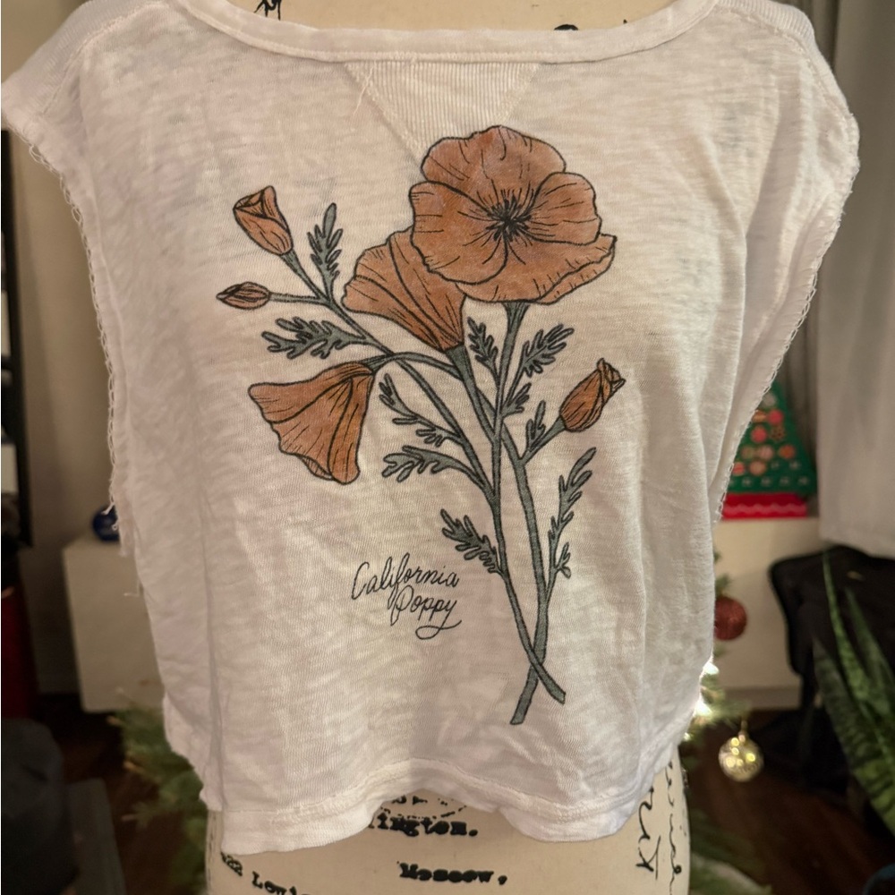 American Eagle Outfitters White Tee with Pink and Green Floral Graphic